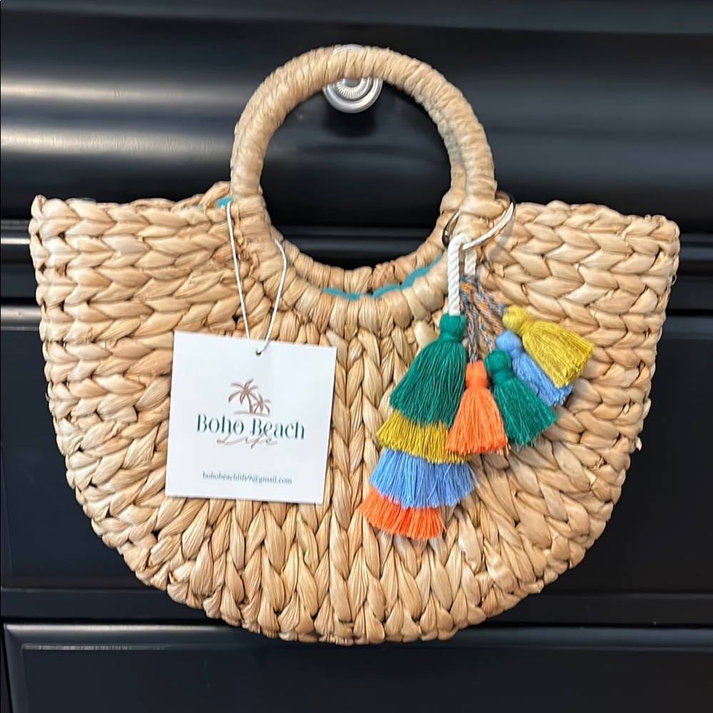 Boho Beach Woven Straw Bag with Colorful Tassels